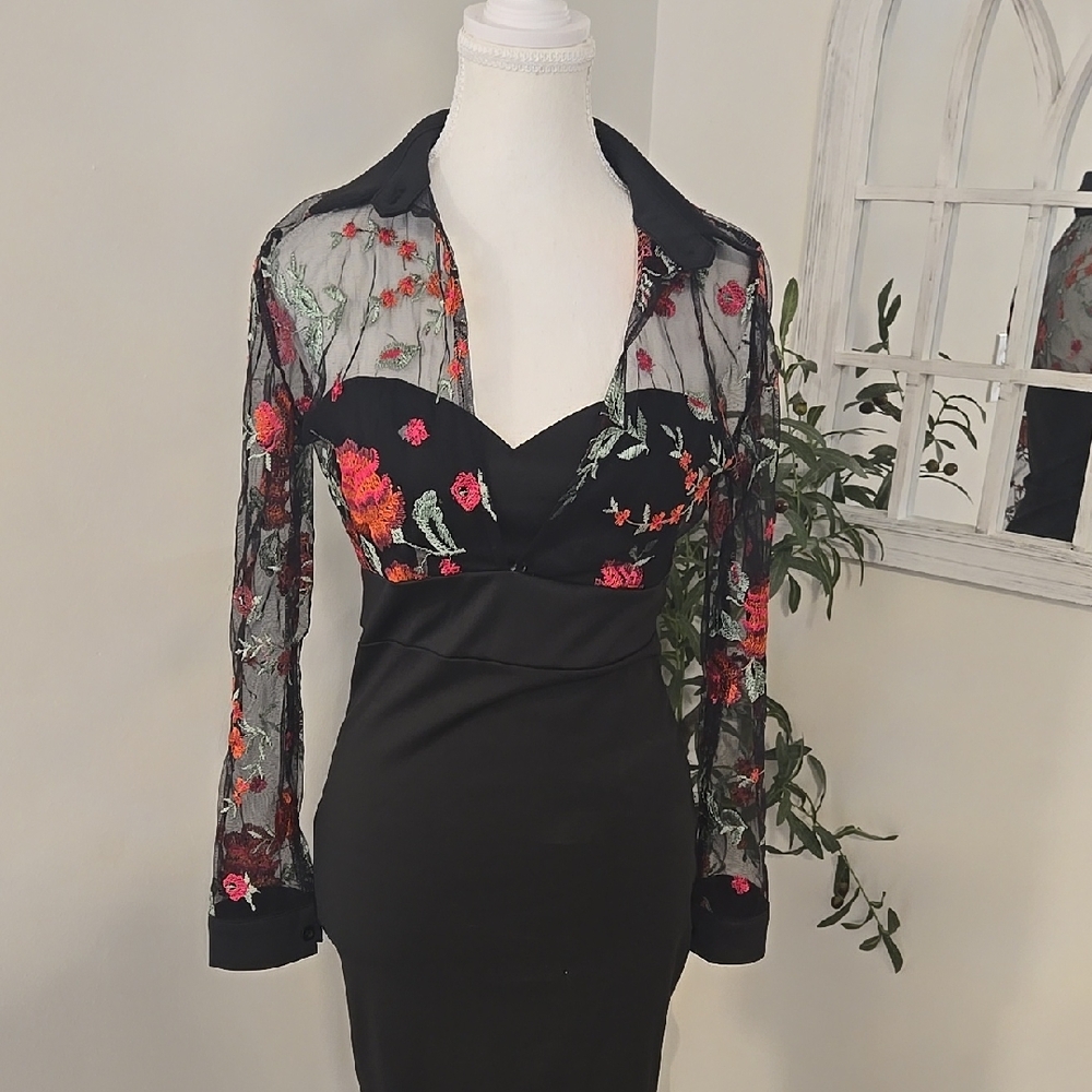 Elegant Black Floral Embroidered Dress